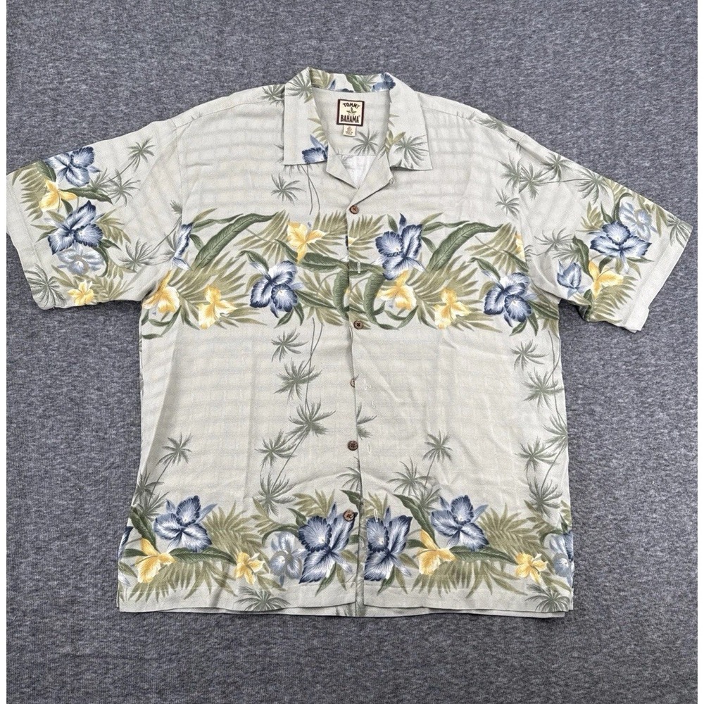 Tommy Bahama Mens Silk Camp Shirt XL Floral Tropical Short Sleeve Sage Green